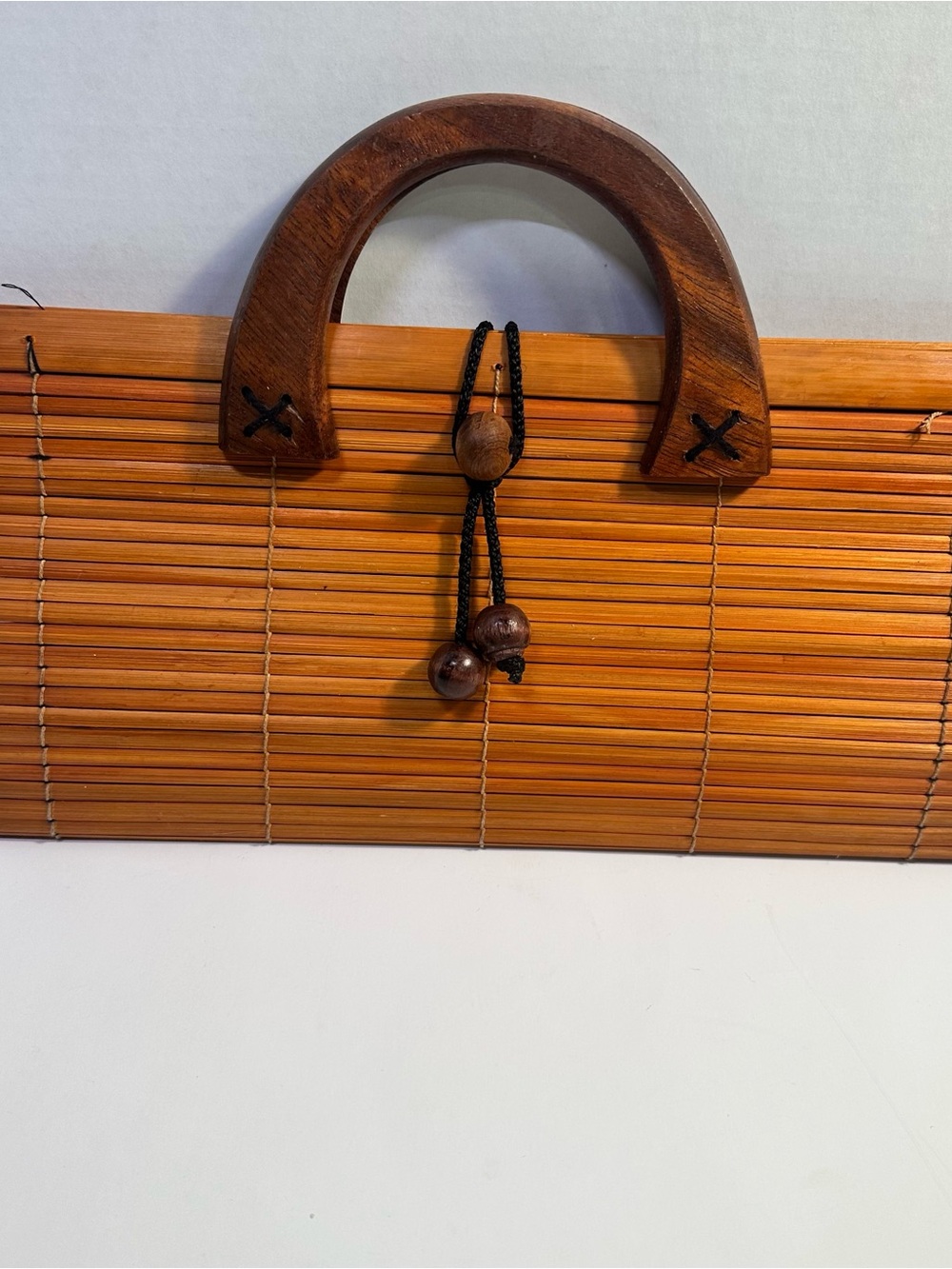 vintage style Wooden Handle Woven Clutch Bag - Brown